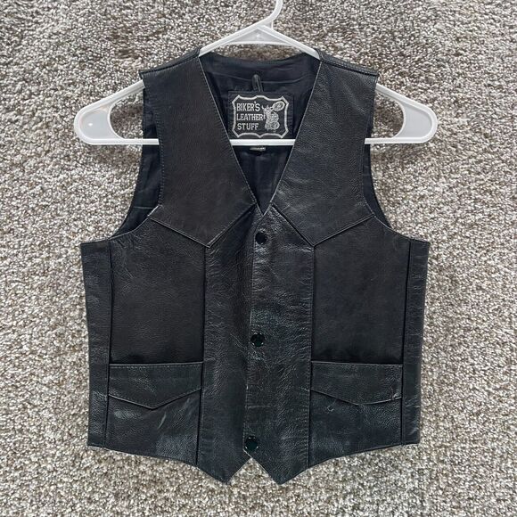 Vintage Bikers Leather Stuff Vest Youth 2XL XXL Black Kids Pockets Motorcycle - Picture 1 of 11